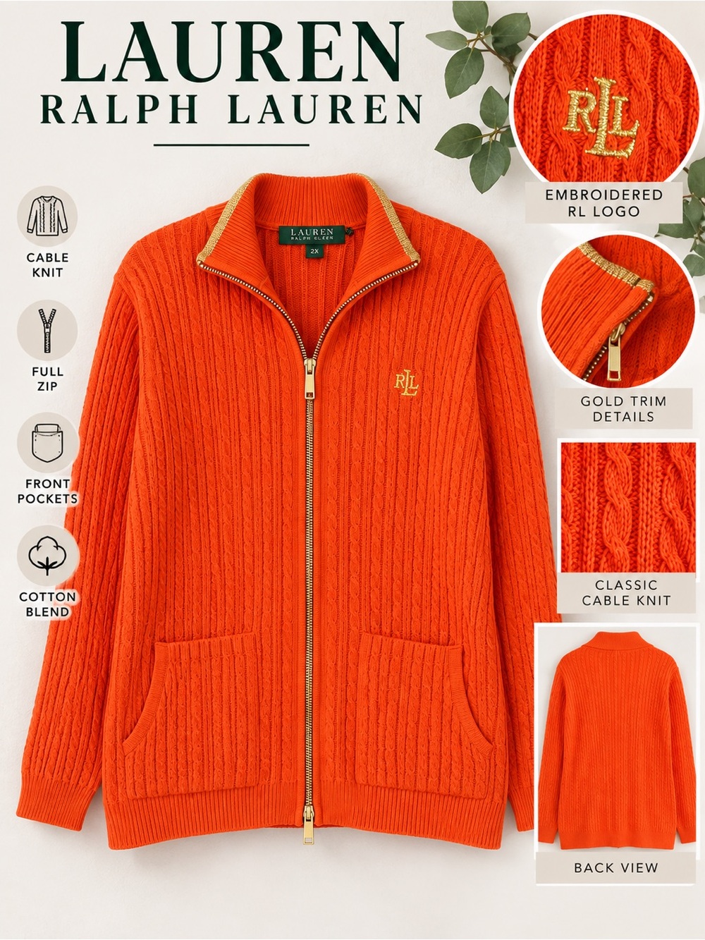 Lauren Ralph Lauren 2X Orange Cable Knit Full Zip Cardigan Sweater Gold Logo